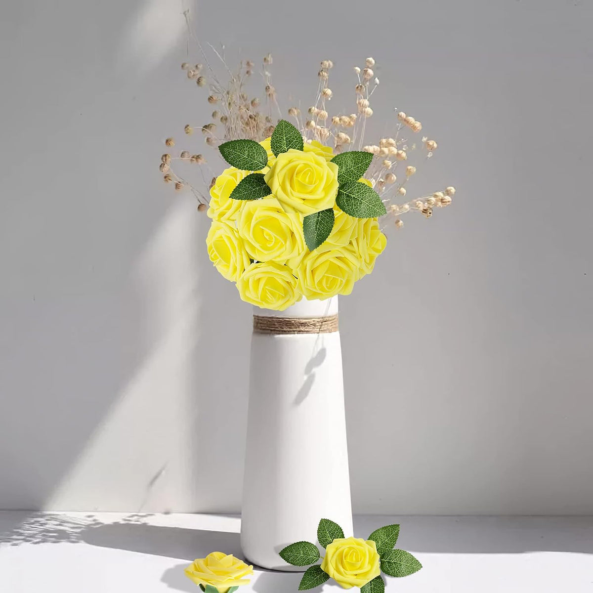 AmyHomie Artificial Flower Yellow Rose 25pcs Real Looking Fake Roses w/Stem for DIY Wedding