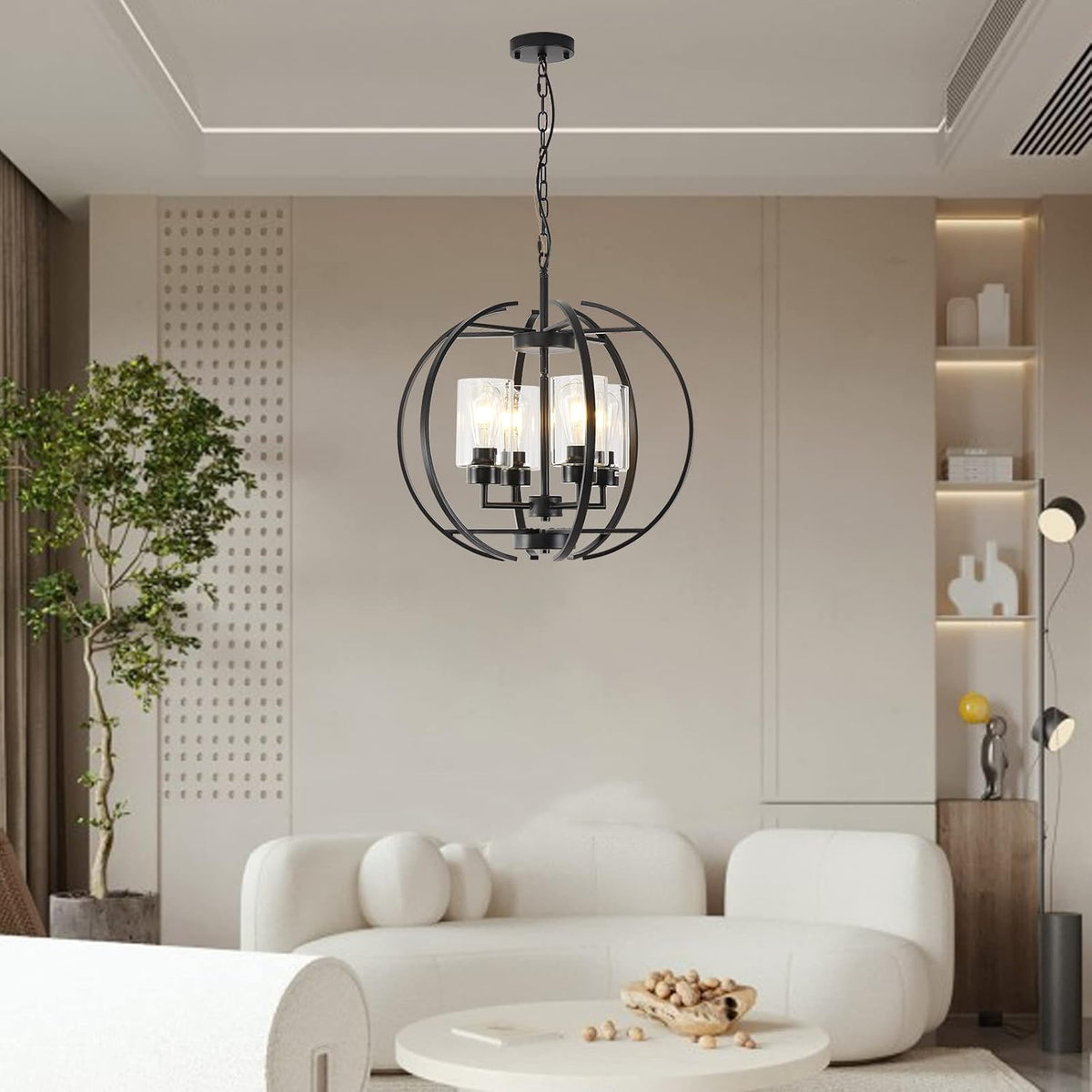 Black Chandelier Lighting with Clear Glass for Dining Room, Farmhouse Hanging Lighting, 4 Lights
