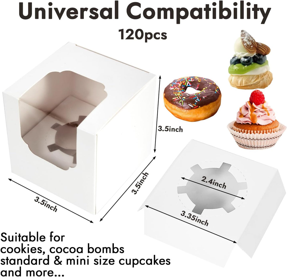 JCD 120 Packs Individual Cupcake Box White with Insert, 3.5" Cupcake Containers Single with Insert