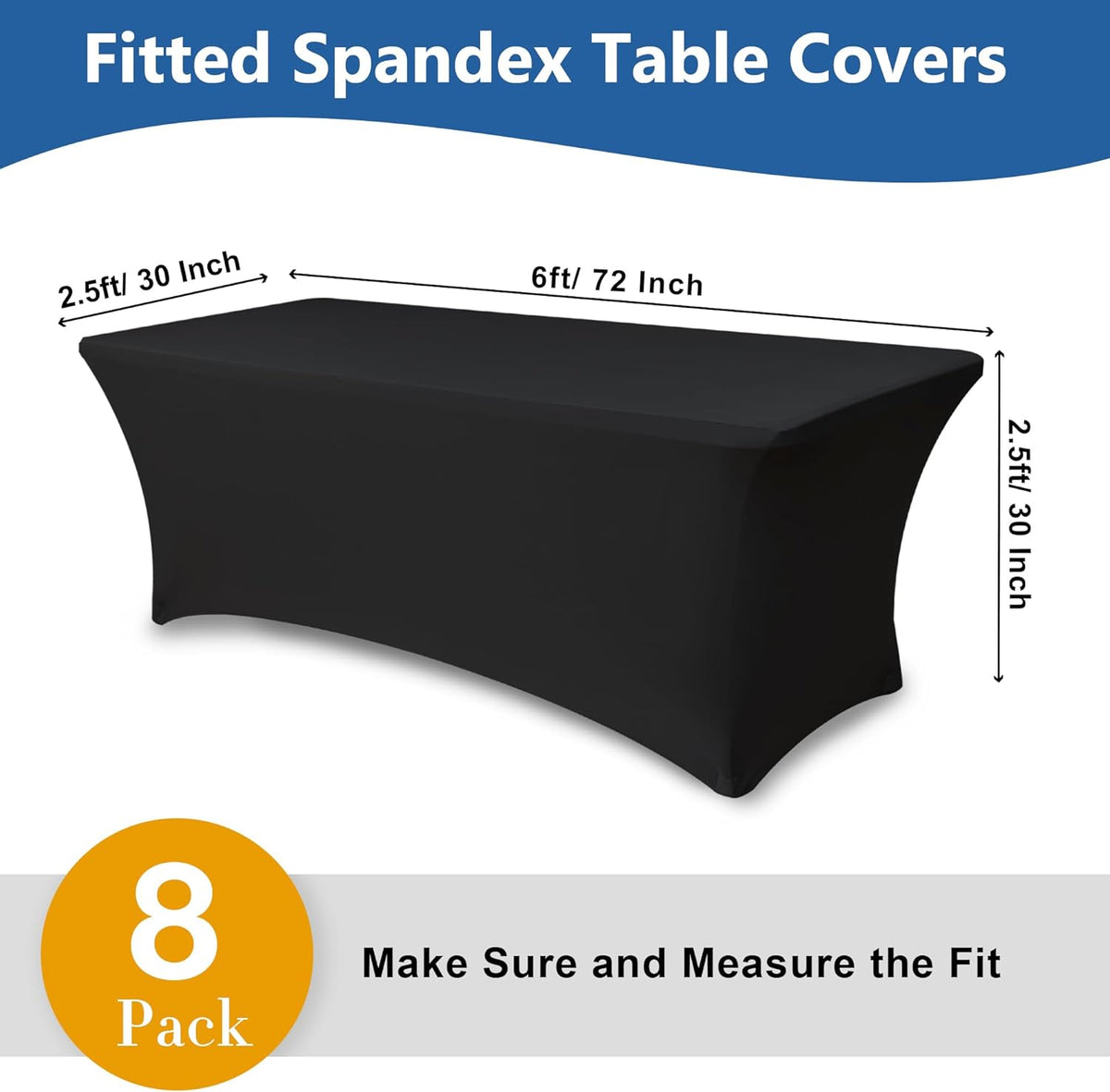 Table Cloths for 6 Foot Rectangle Tables-8 Pack Black Fitted Stretch Table Cover-Spandex Elastic