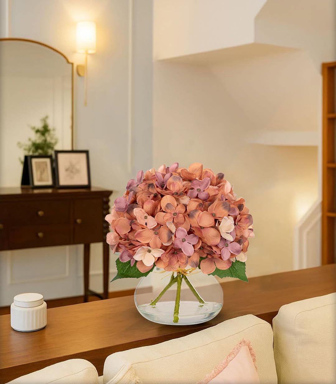 Hollyone Fall Hydrangea Artificial Flowers for Decoration with Glass Vase Dark Peach Autumn Silk
