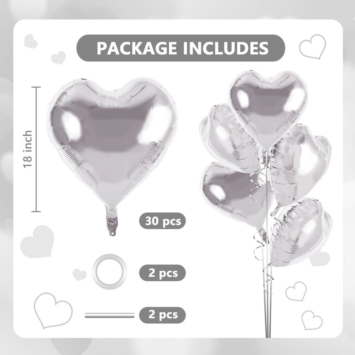 TONIFUL 30Pcs 18 Inch Silver Heart Balloons Silver Heart Shape Foil Mylar Balloons Decoration for