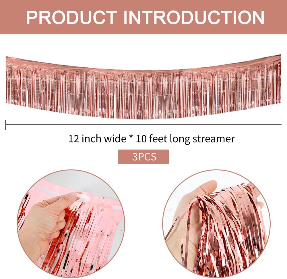 BEISHIDA 3 Packs 30 Feet Metallic Foil Fringe Garland Tinsel Streamers，Shiny Rose Gold Wall Hanging