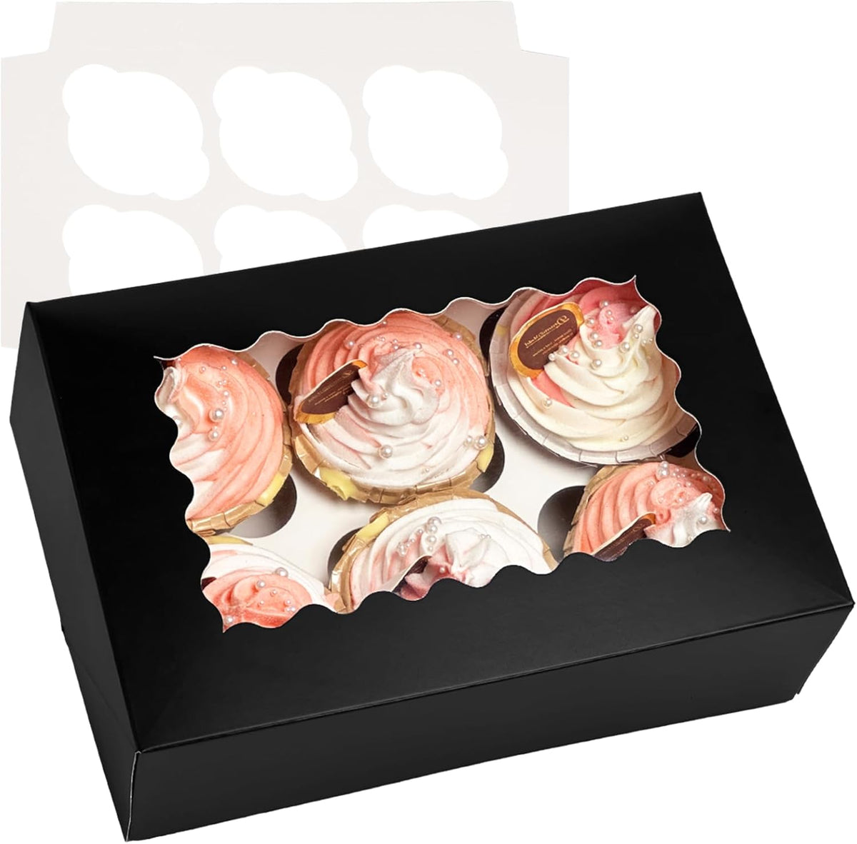 Bakepacker Auto-pop up 6 Cupcake Boxes with Window 20 Count Black Box 9.4 x 6.1 x 3 inch Cupcake
