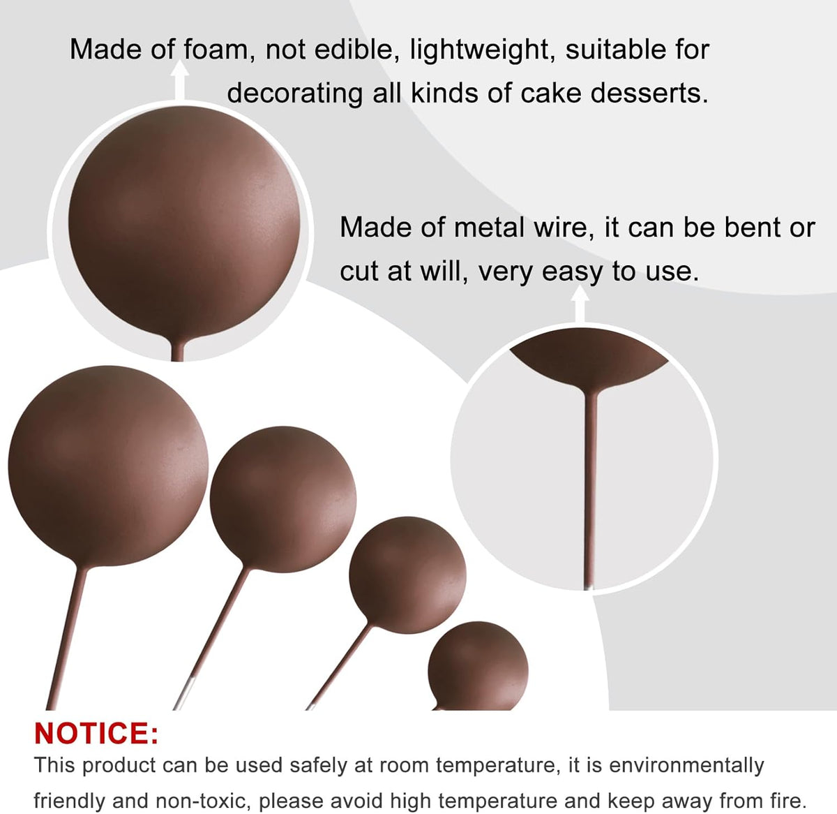 ASTARON 20 Pcs Ball Cake Topper Decorations Mini Balloons Cake Topper Sticks Brown Balls Cake Picks