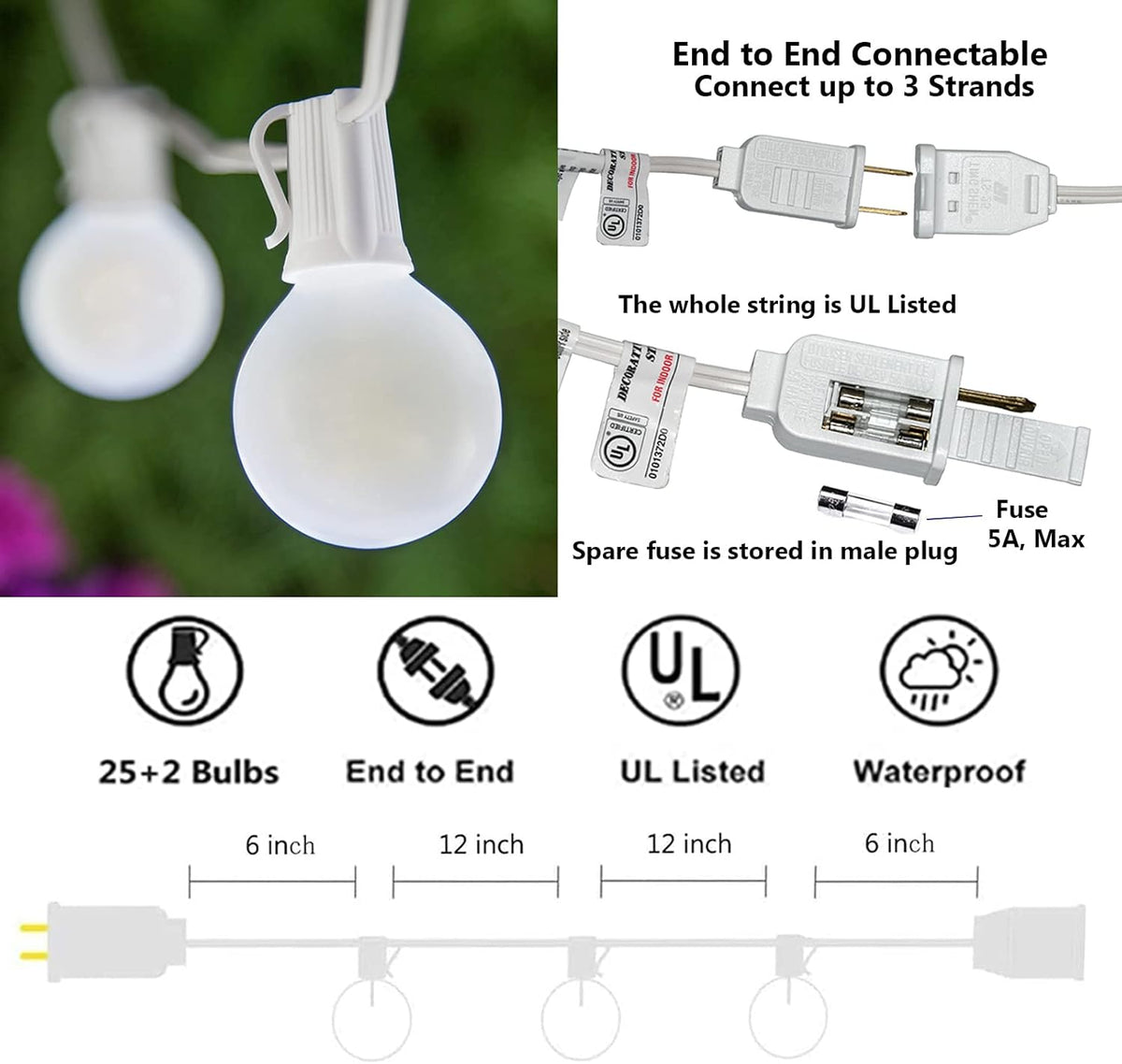 SUNSGNE 25Ft Outdoor Patio Lights G40 Globe String Lights with 27 Frosted White Bulbs, Waterproof
