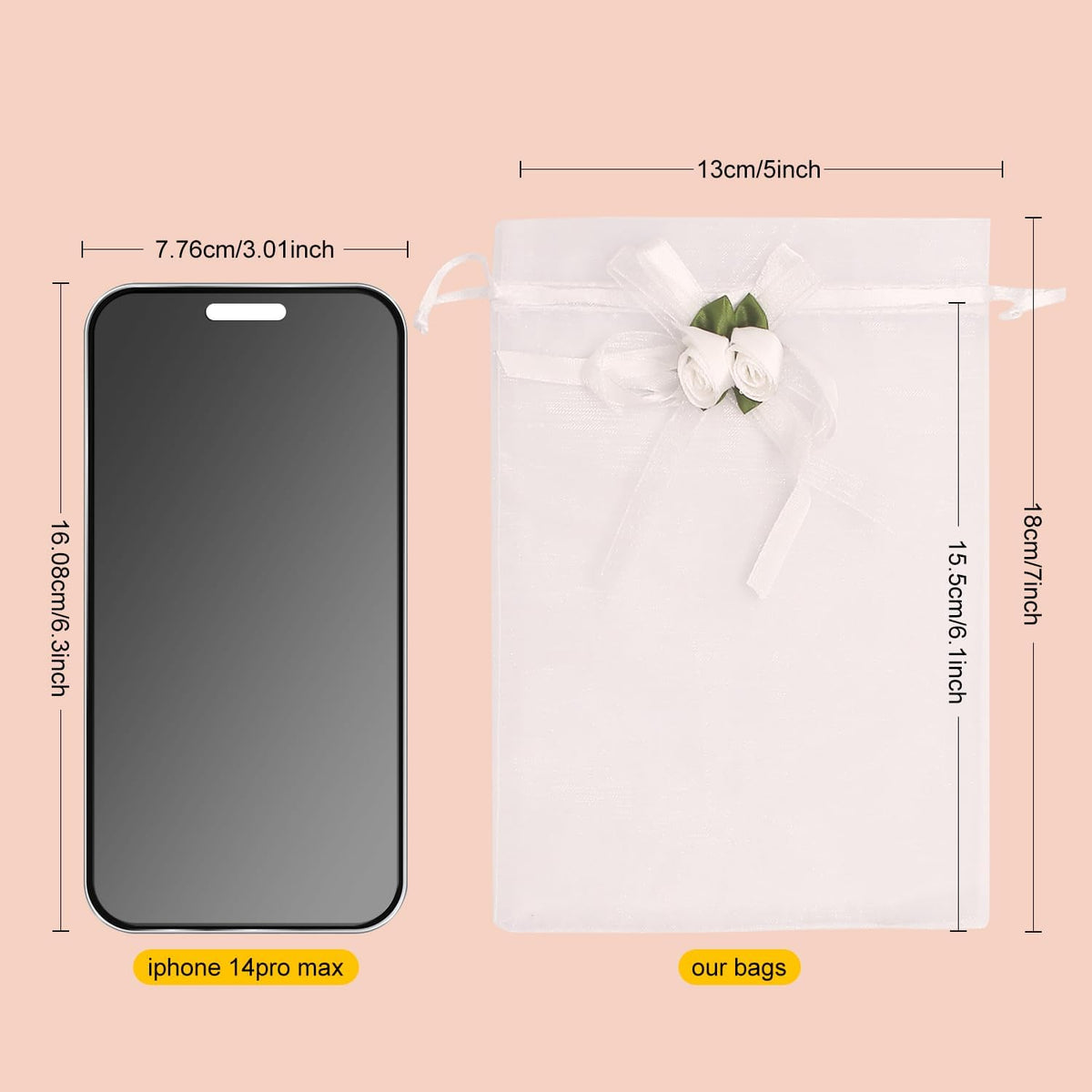 SumDirect Rose Organza Gift Bags - 50Pcs 5x7 inch White Wedding Favor Gift Bags, Jewelry Pouches