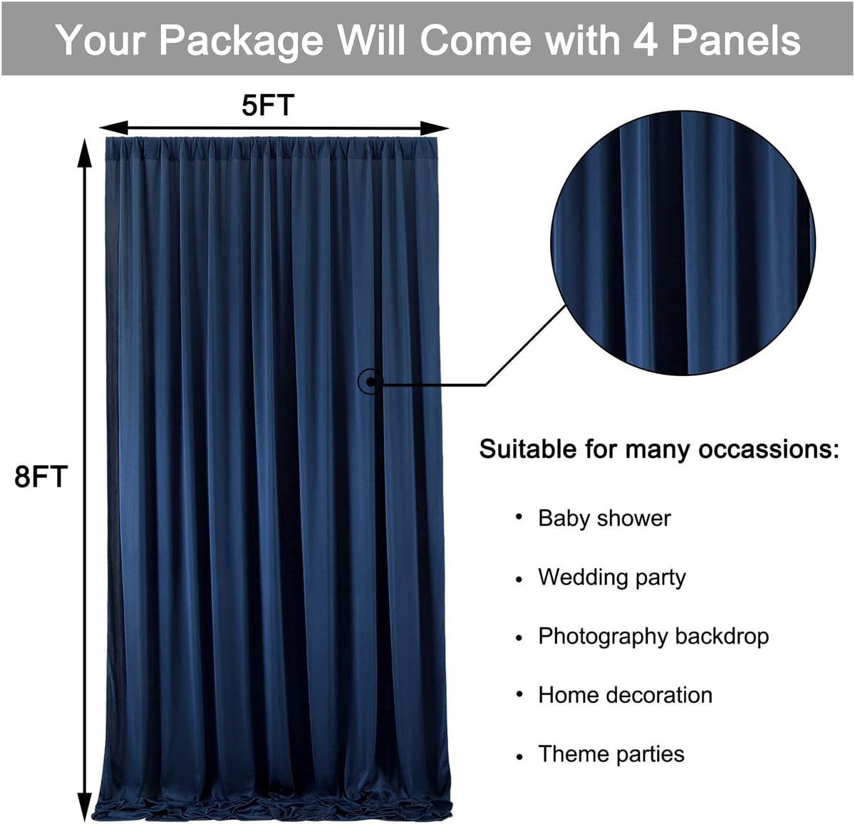 20 ft x 8 ft Navy Blue Backdrop Curtain Panels, 4 Panels 5 ft x 8 ft Wrinkle Free Polyester