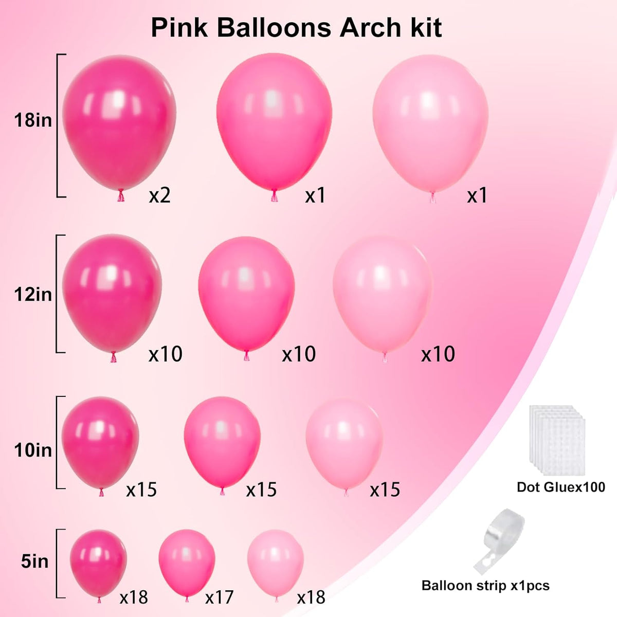 Pink Balloon Arch Kit, Metallic Hot Pink Balloons Garland with Different Sizes for Baby Shower