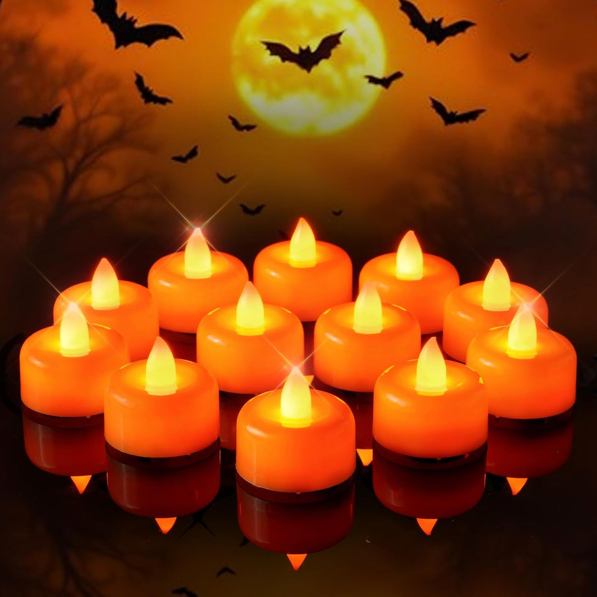 Amagic 12 Pack Halloween Orange Flameless LED Tea Lights Candles Battery Operated, Electric Fake