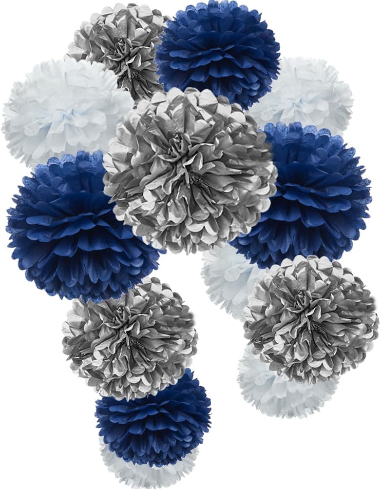 Royal Blue Silver and White Paper Flower Tissue Pom Poms for Birthday Graduation Baby Shower