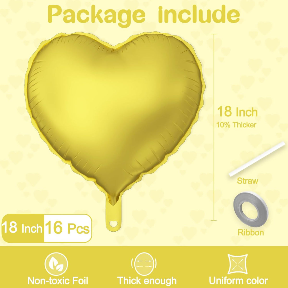 16 Pcs Heart Balloons, 18 Inch Gold Love Heart Shaped Foil Balloons for Wedding Anniversary