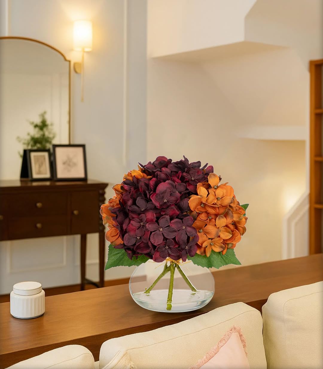 Hollyone Fall Hydrangea Artificial Flowers for Decoration with Glass Vase Dark Red Orange Autumn