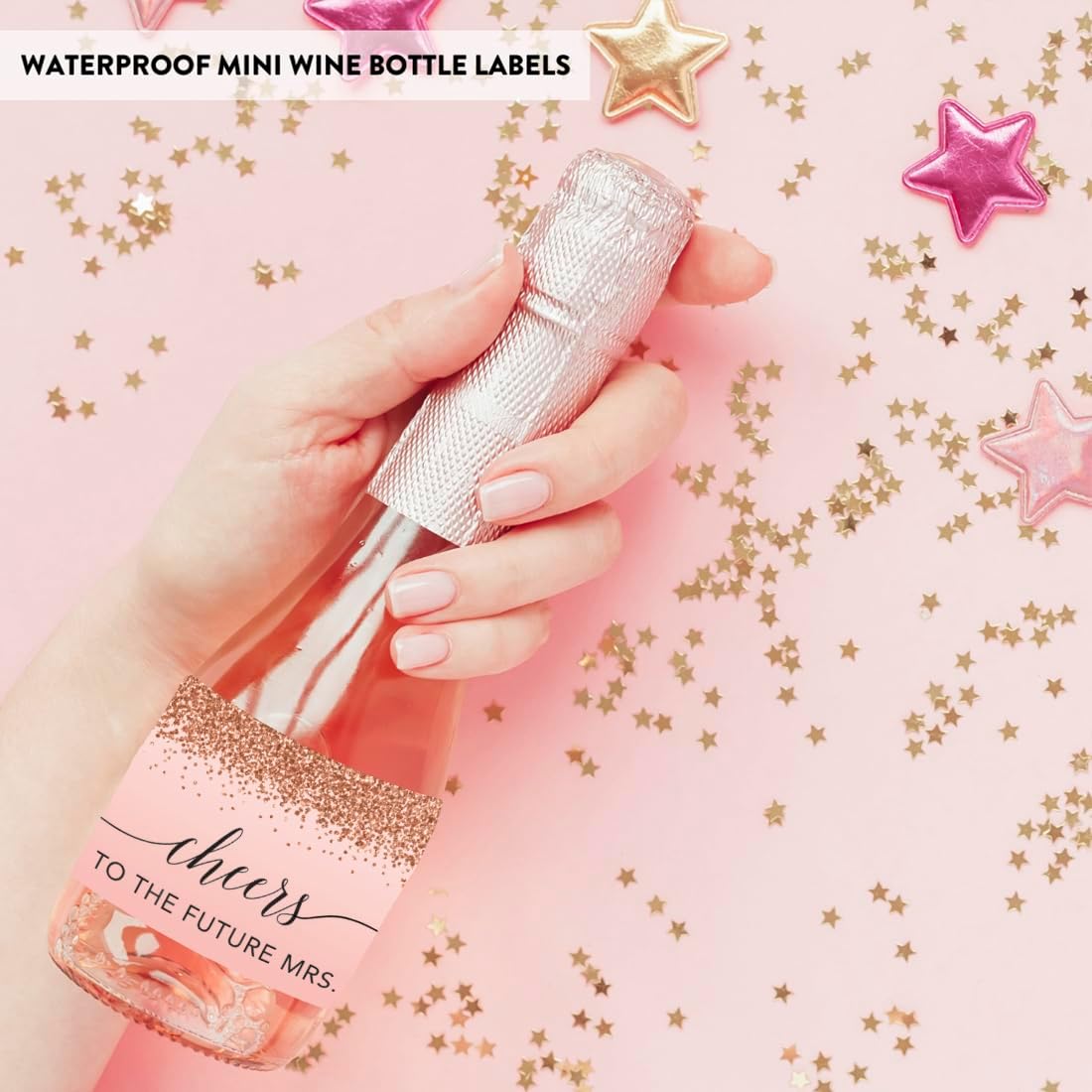 Andaz Press Mini Champagne Wine Bottle Labels, Cheers! to The Future Mrs., Blush Pink Faux Rose