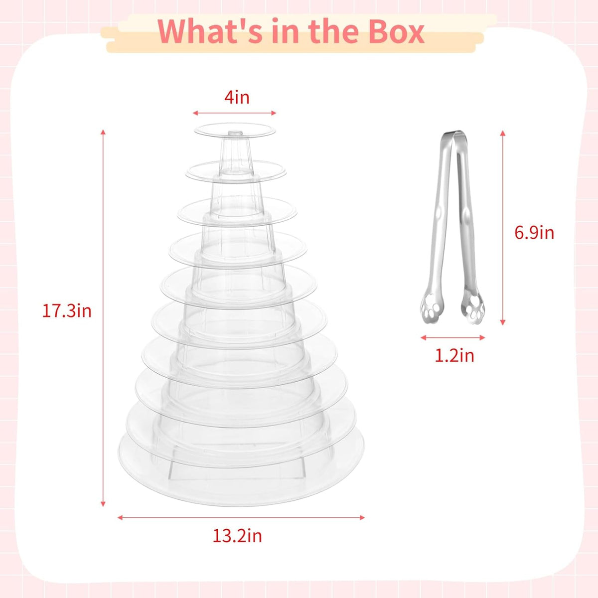 10-Tier Clear Macaron Display Stand, Plastic Macaron Tray Tower with Stainless Steel Serving Tongs