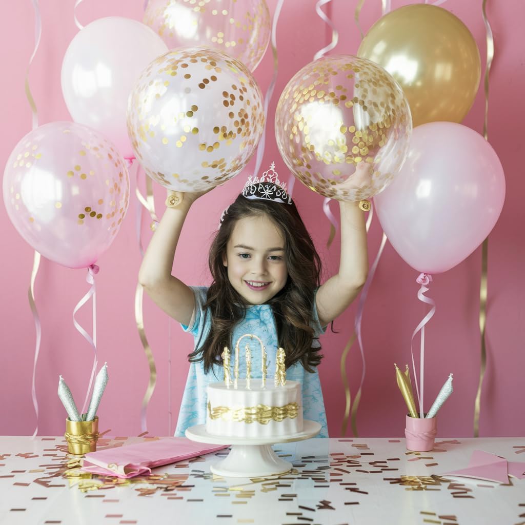 FunHot Pink and Gold Balloons, 60Pcs Retro Pink White Balloons, 12 Inch Metallic Gold Confetti