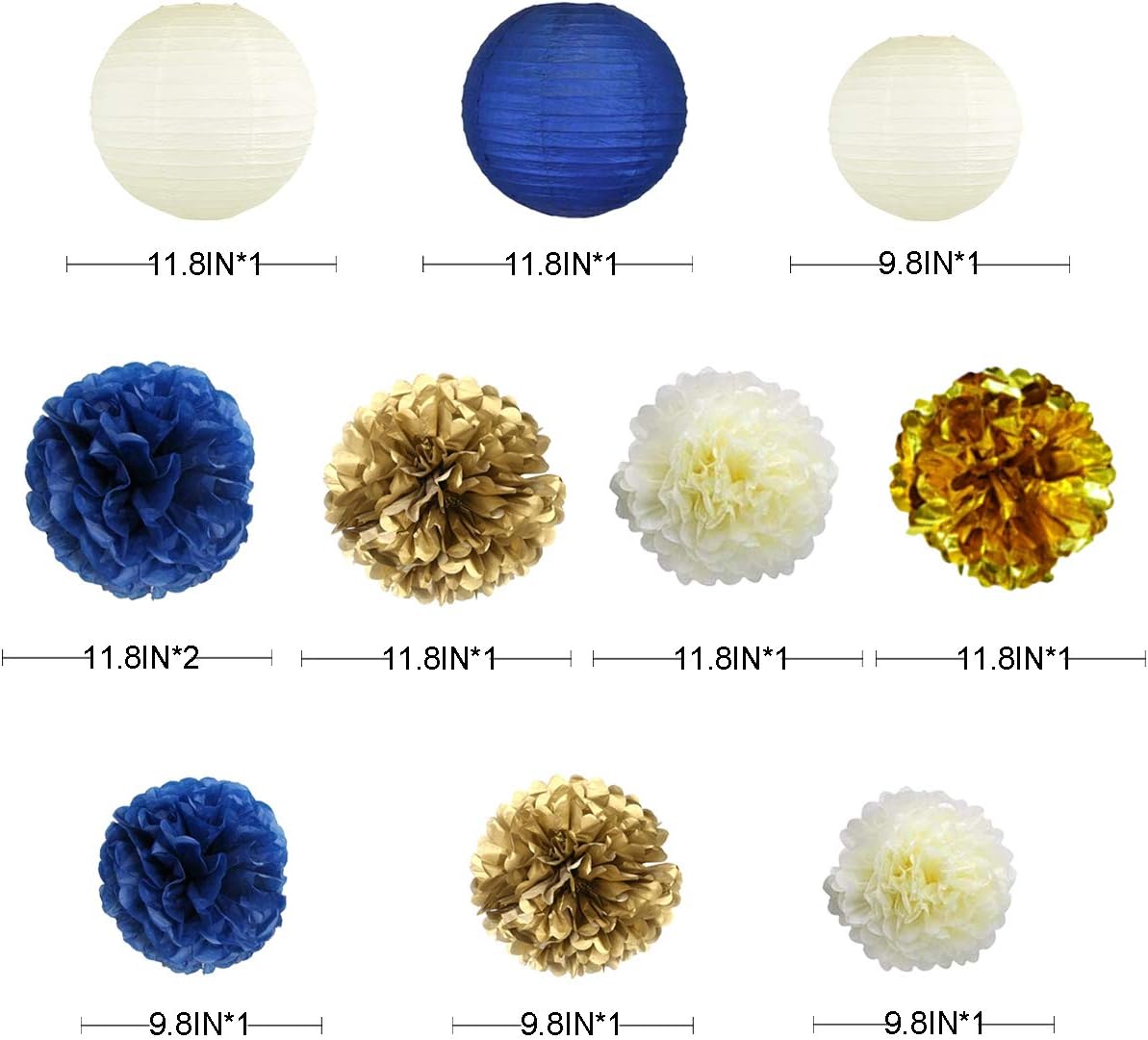 Navy Blue and Gold Party Decoration Kit Lanterns Flowers Pom Pom with Champagne Gold 3D Butterfly