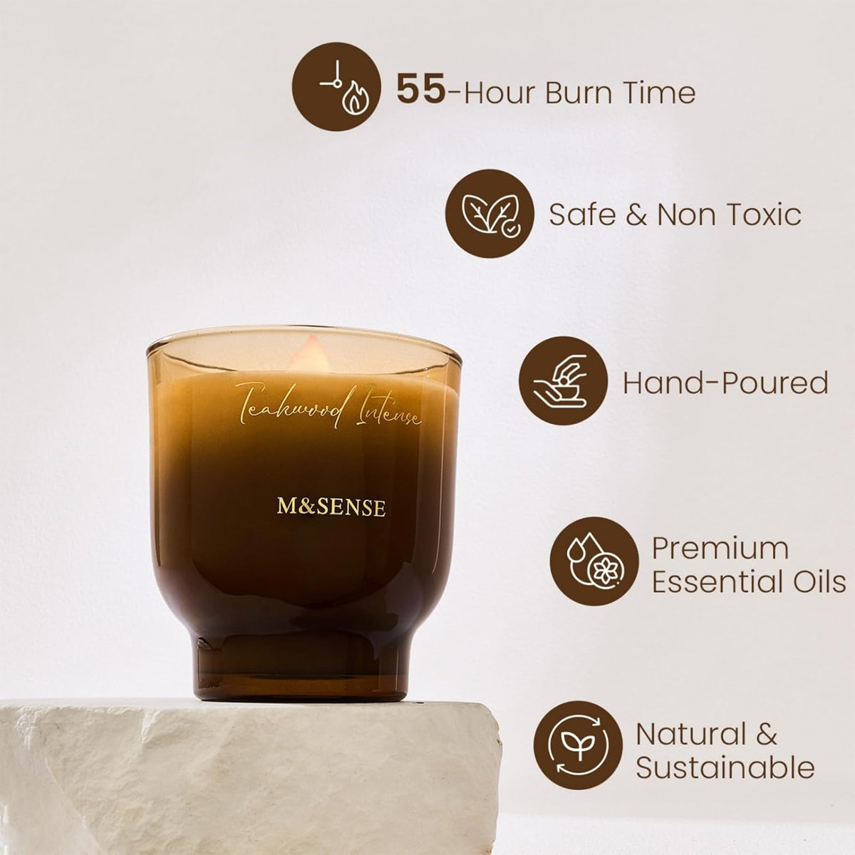 M&SENSE 9.88oz Natural Soy Wax Jar Candle with Wooden Wick | Teakwood Intense Scent | 55-Hour Burn