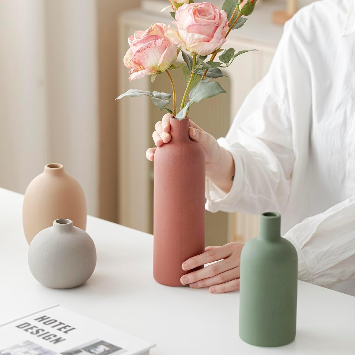 Modern Ceramic Vase Set, Neutral Colors, Decorative Vases for Home Decor, 4 Piece Collection (Green