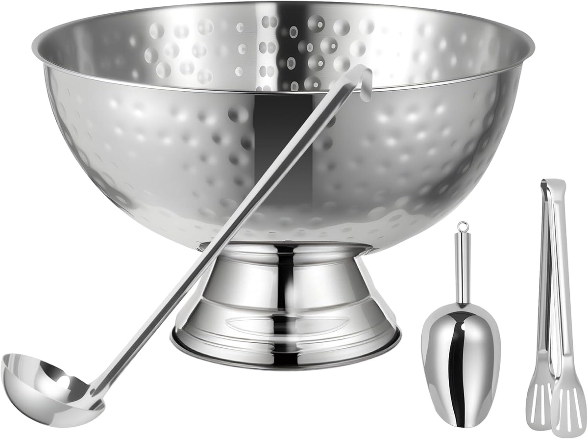 12L Hammered Large Ice Bucket for Parties - 16"x16"x10" Huge Punch Bowl with Ladle - Stainless