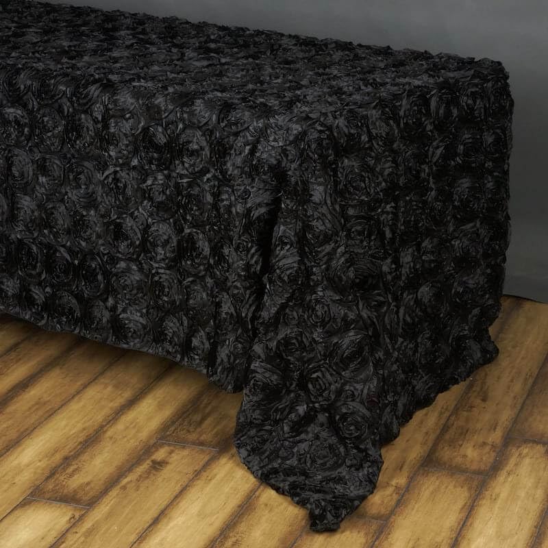 Efavormart 90"x156" Wholesale Rectangle Table Cover Black Grandiose Rosette 3D Satin Tablecloth for