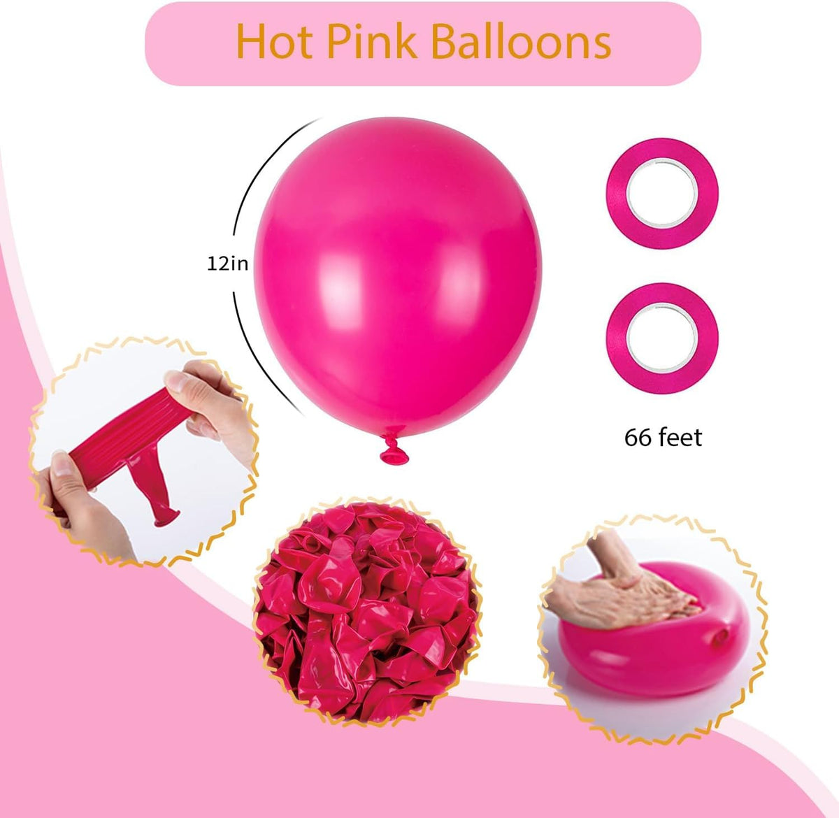 100pcs Hot Pink Balloons, Helium Quality 12 inch Bright Pink Latex Party Balloon for Birthday