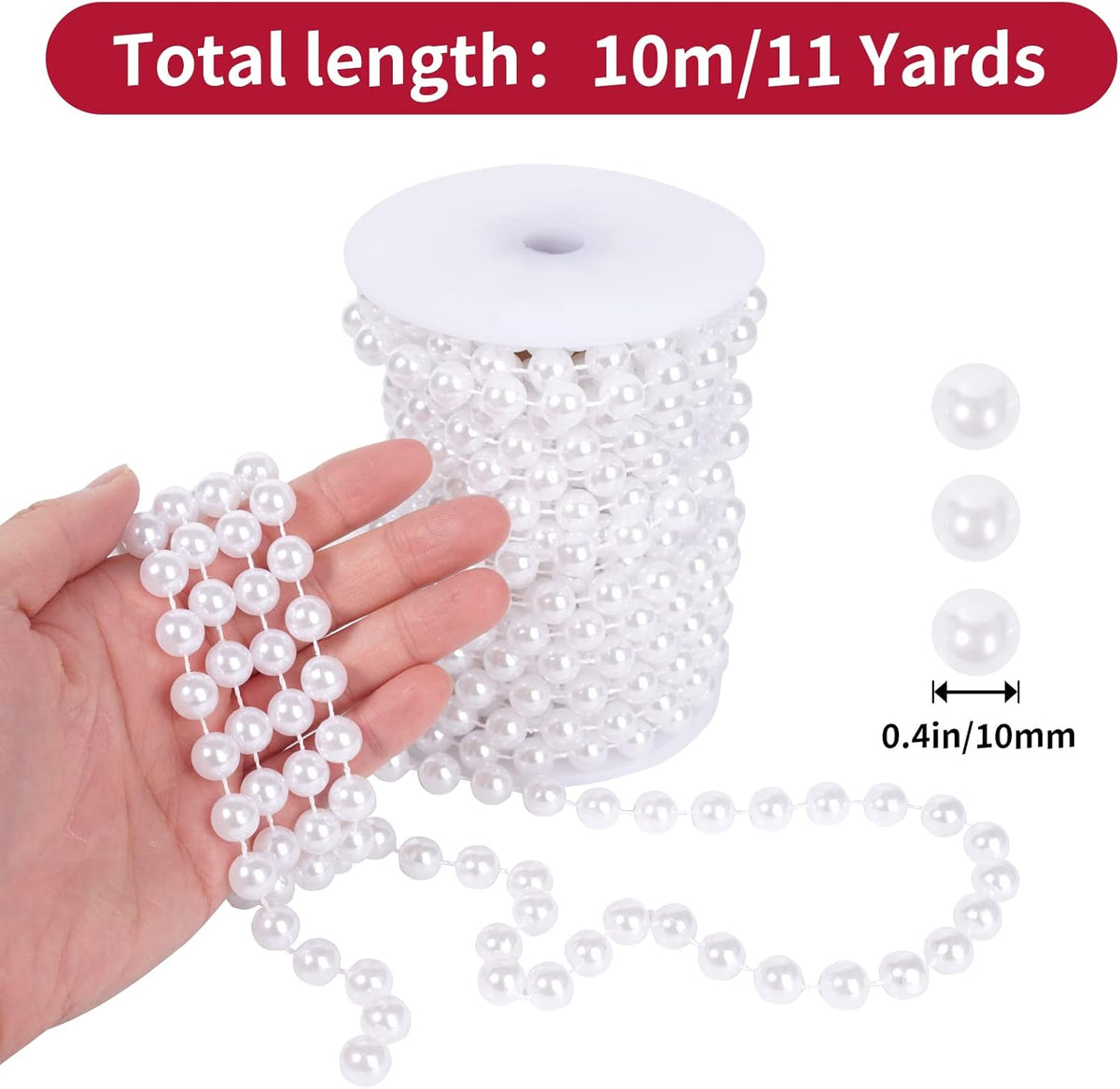 Faux Pearl Beads Garland - 10mm Christmas Tree Beads, 11 Yards White Pearl Strands Spool for
