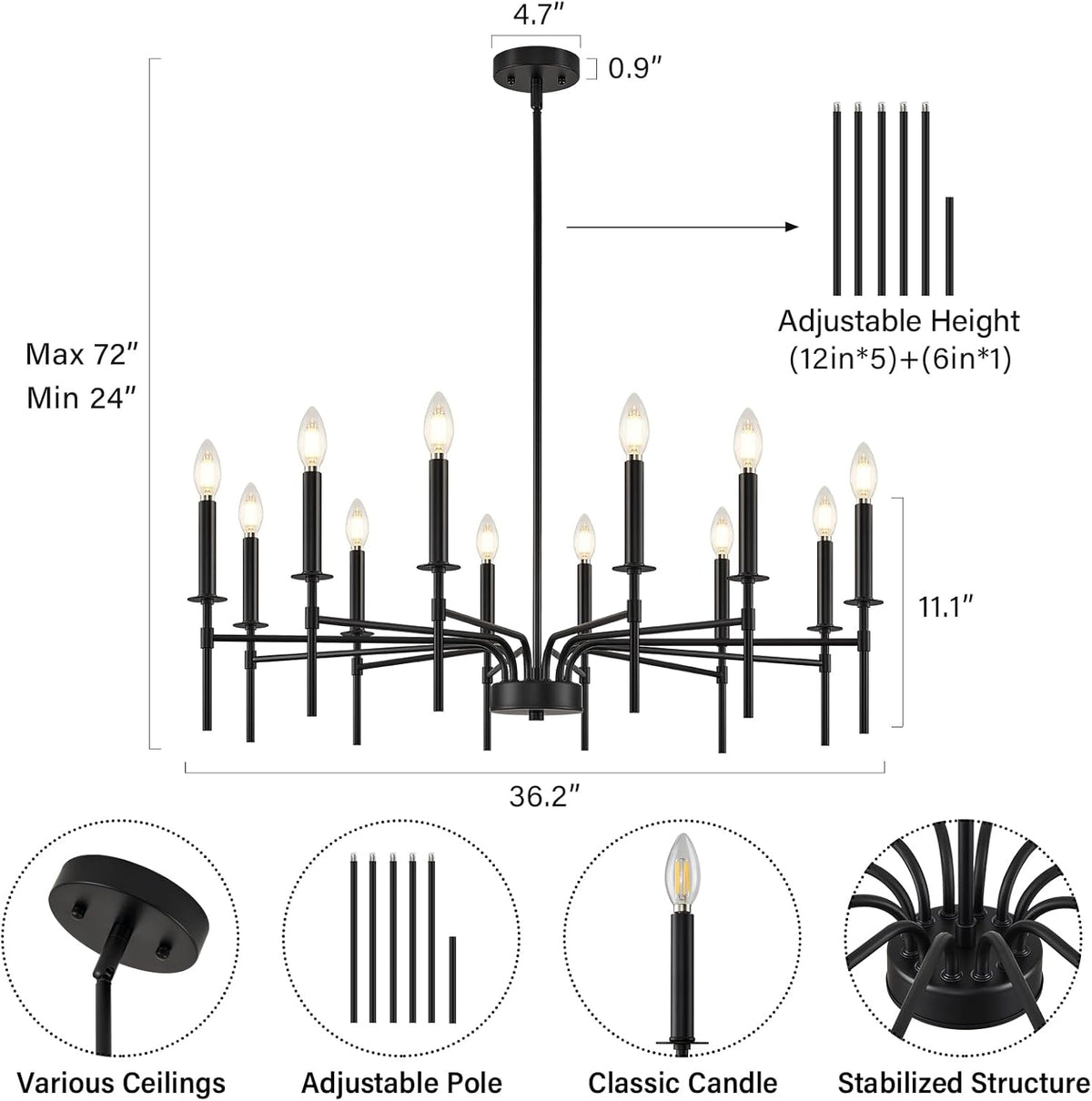 12 Light Black Chandelier Light Fixture, Modern Farmhouse Chandeliers for Dining Room Light
