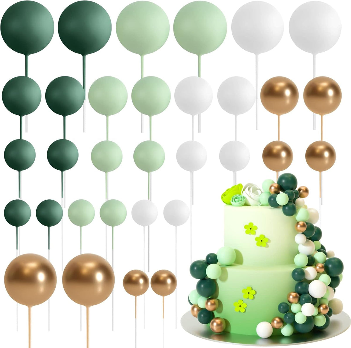 ASTARON 32 Pcs Ball Cake Topper Decorations Mini Balloons Cake Topper Sticks Foam Balls Cake Picks