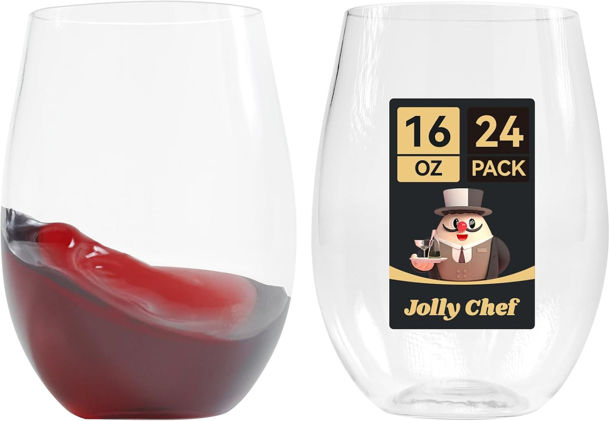 JOLLY CHEF 24 Pack 16oz Plastic Wine Glasses Stemless, Disposable Wine Cups, Premium Quality