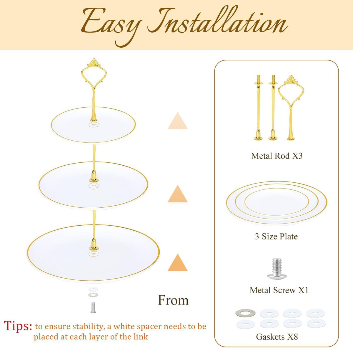 DI QIU REN 8PCS Cake Stand Set, Plastic Cupcake Stands with Gold Rim, Dessert Display Stands Set