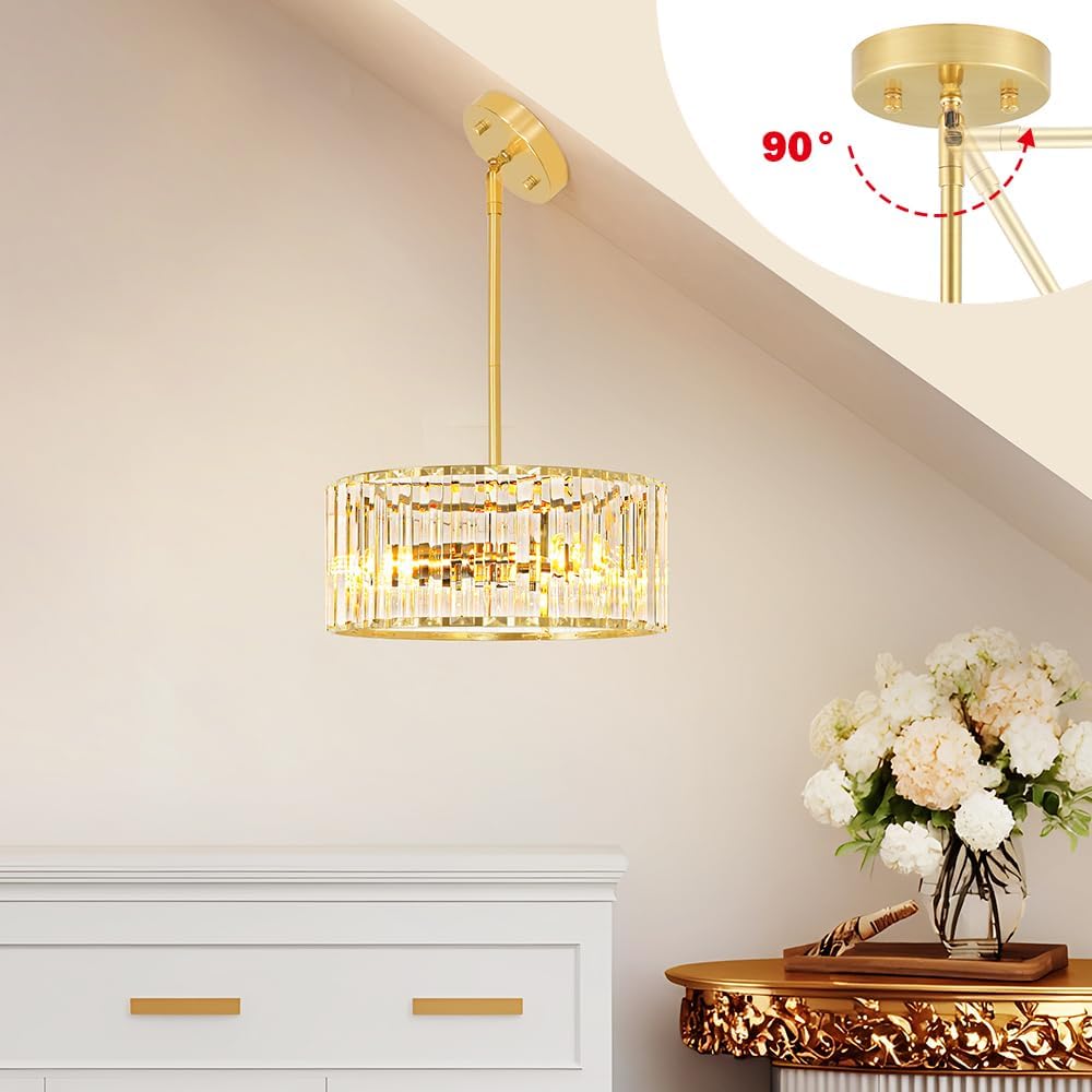 Gold Crystal Chandelier for Dining Room, 3-Light Modern Semi Flush Mount Ceiling Pendant Light