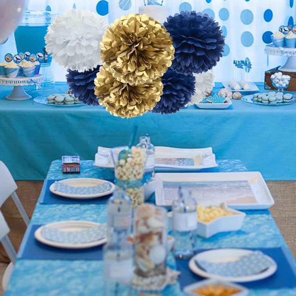 Gold Royal Blue and White Paper Flower Tissue Pom Poms for Birthday Baby Shower Graduation Bachelor