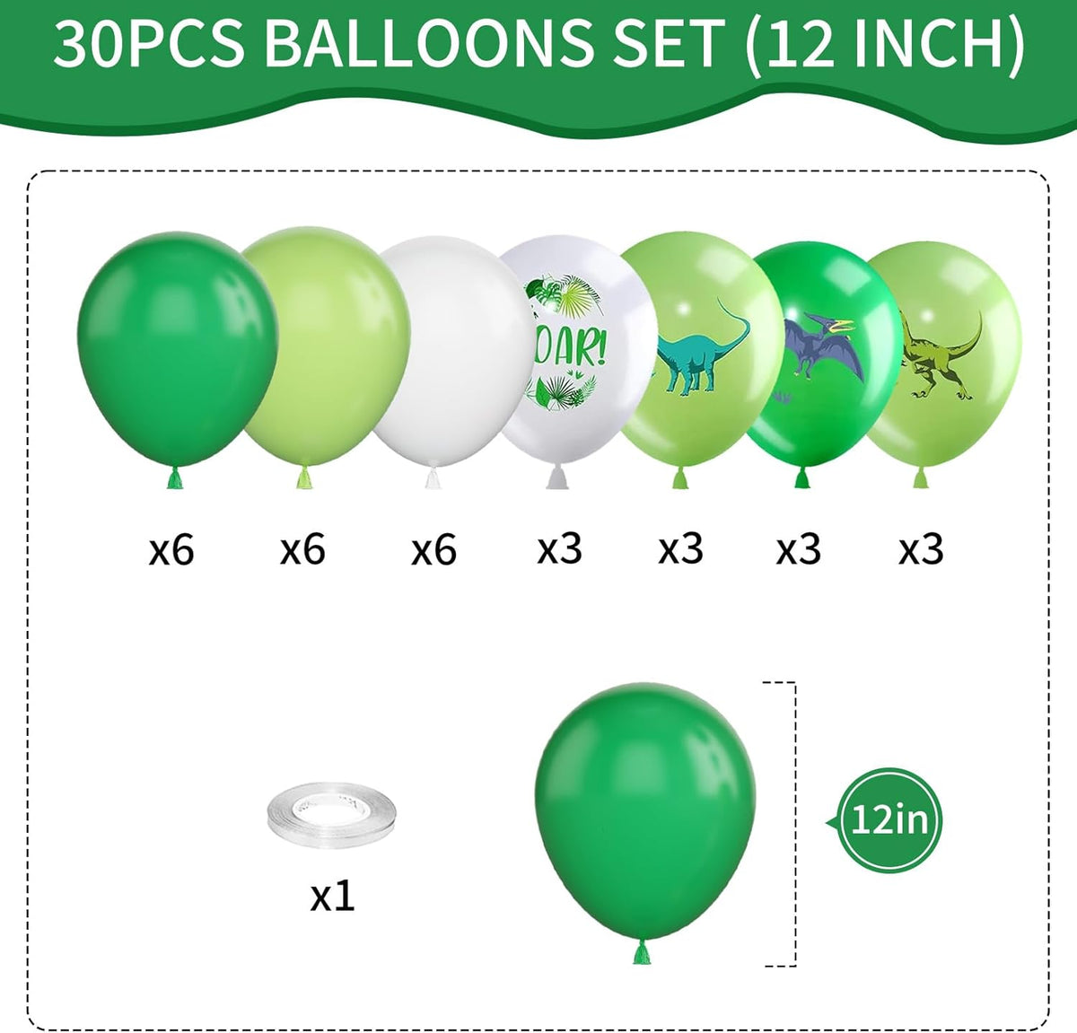 Dinosaur Balloons, 12 Inch Dino Printed Balloons Green White Lime Green Latex Balloons for Birthday