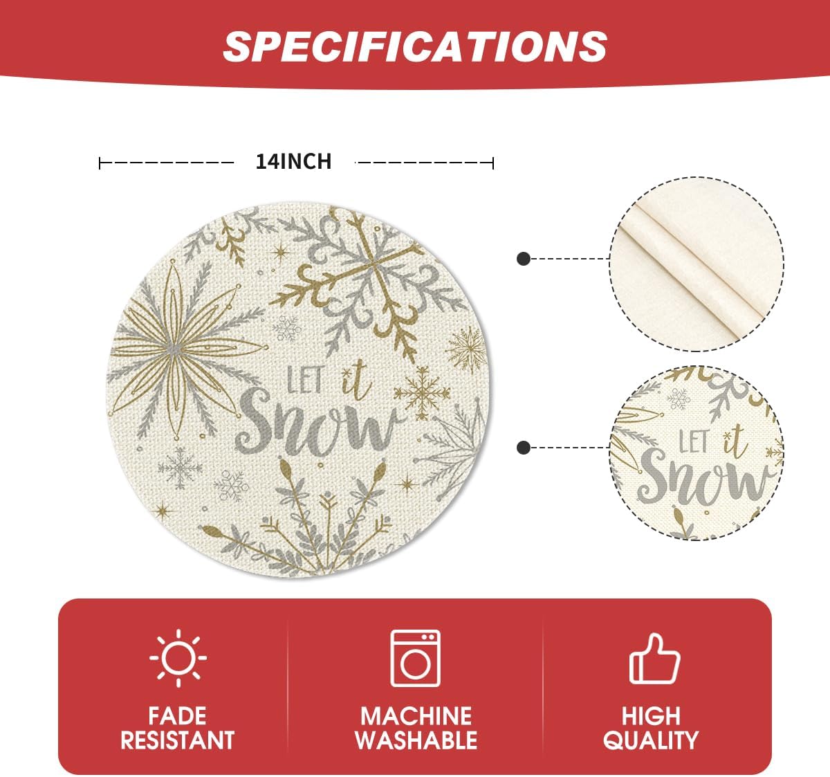 Artoid Mode Beige Snowflake Let It Snow Winter Placemats Set of 4, 15 Inch Seasonal Christmas Xmas