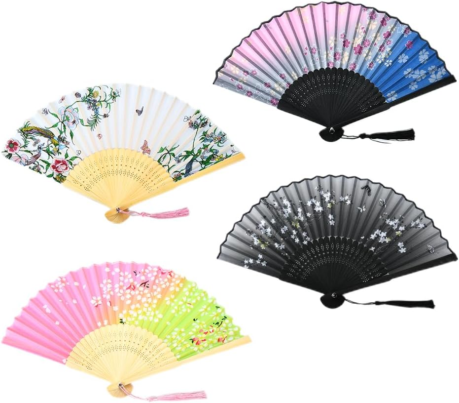 HUNANBANG 4 Pieces Oriental Bamboo Folding Hand Fans Church Wedding Gift, Party Favors, DIY