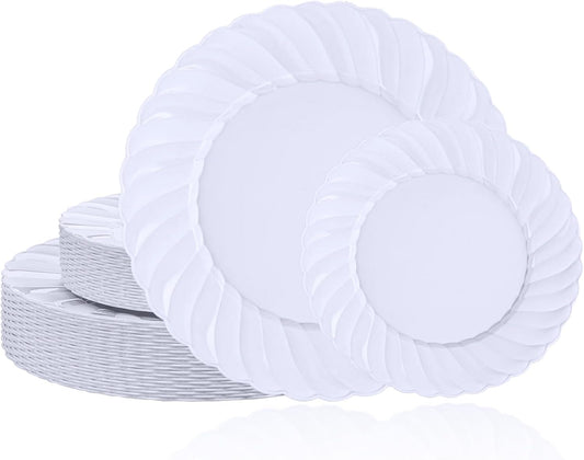 U-QE 60 Pcs White Plastic Plates for Party – Scalloped Plastic Plates Heavy Duty & Elegant