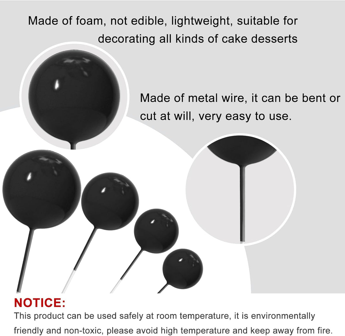 ASTARON 20 Pcs Ball Cake Topper Decorations Mini Balloons Cake Toppers Sticks Black Balls Cake