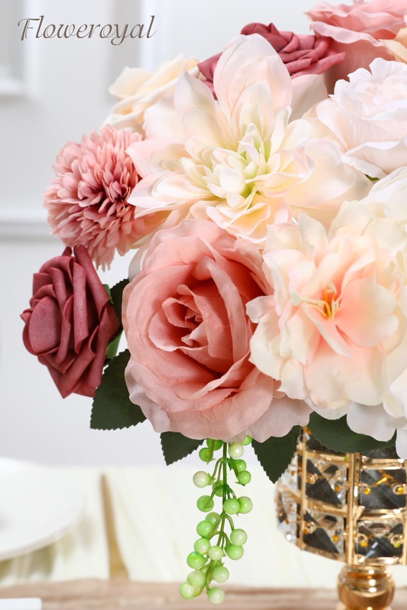 Floweroyal Artificial Flowers Combo Pink Flowers Mix Silk Flowers Dahlia Roses with Stems for DIY
