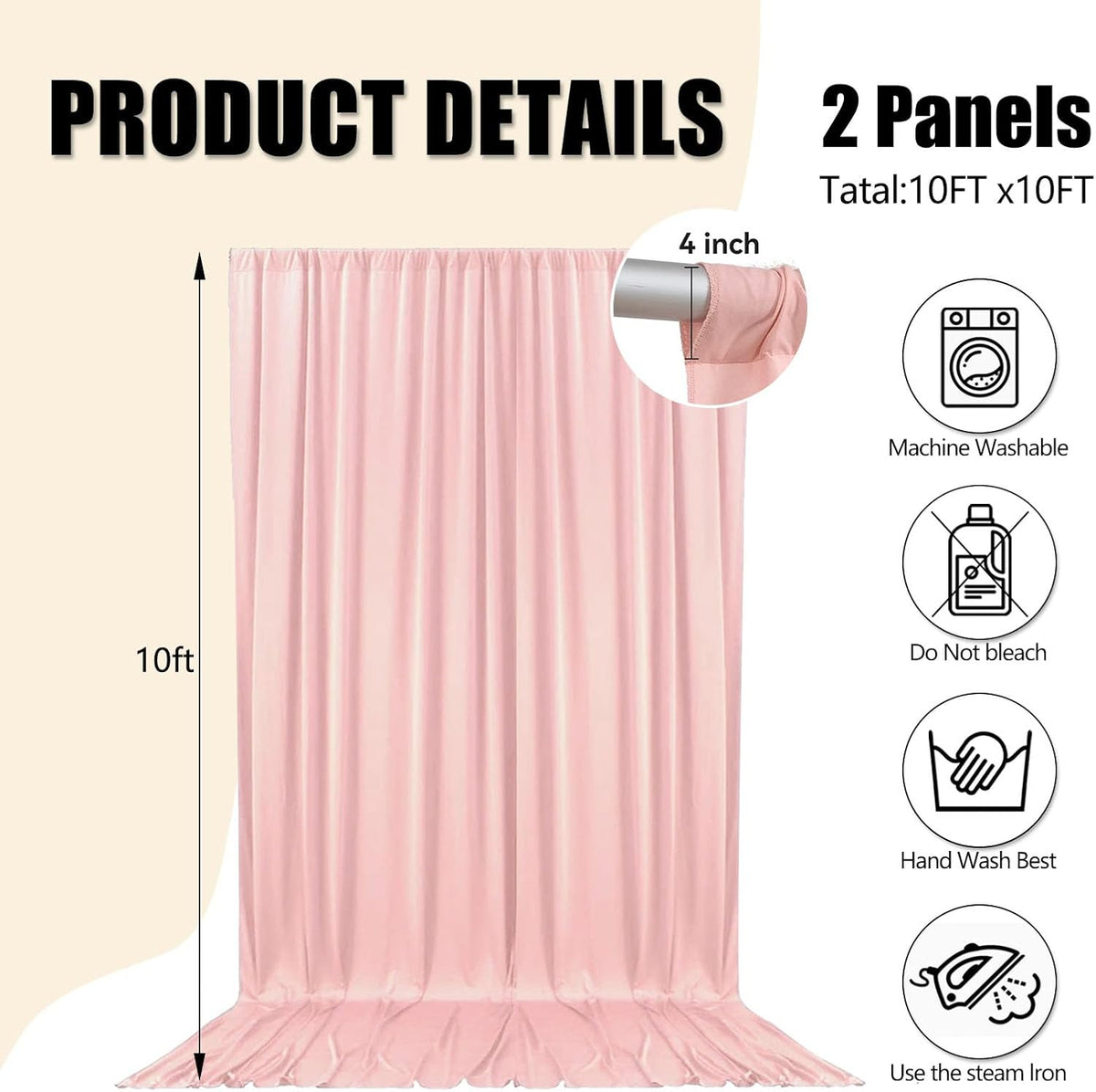 10ft x 10ft Ligt Pink Backdrop Curtains for Parties, Fabric Satin Background Curtain with Rod