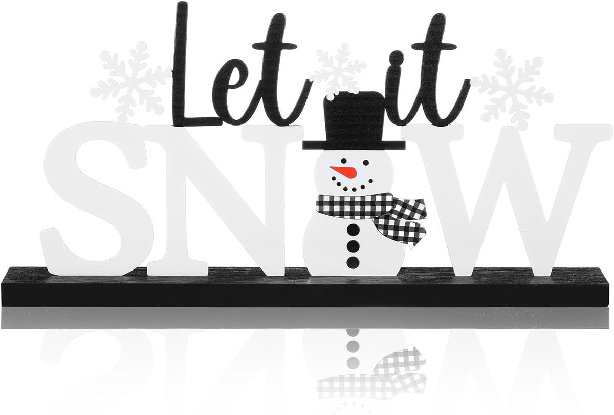 Winter Metal Sign Let It Snow Table Decor Christmas Tiered Tray Decor with Wooden Base Metal Black