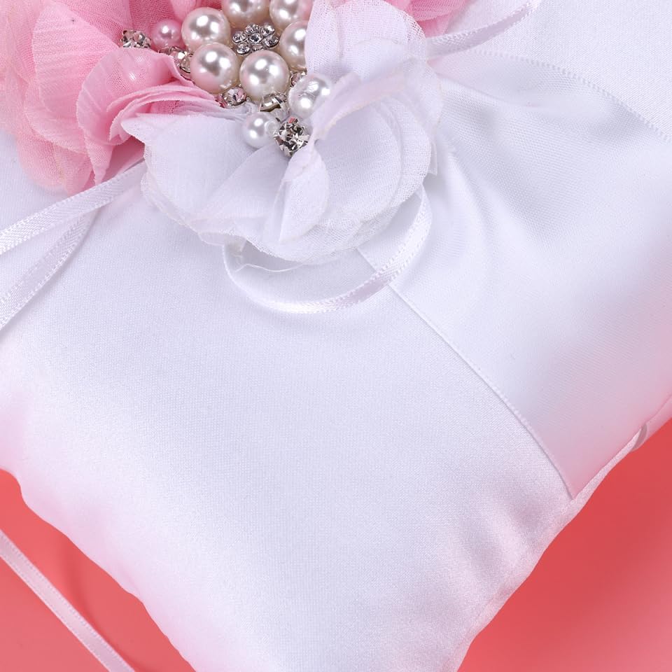 Wedding Ring Pillow Cushion with Pearl and Flower Decoration Elegant White Pink Ring Bearer Pillow