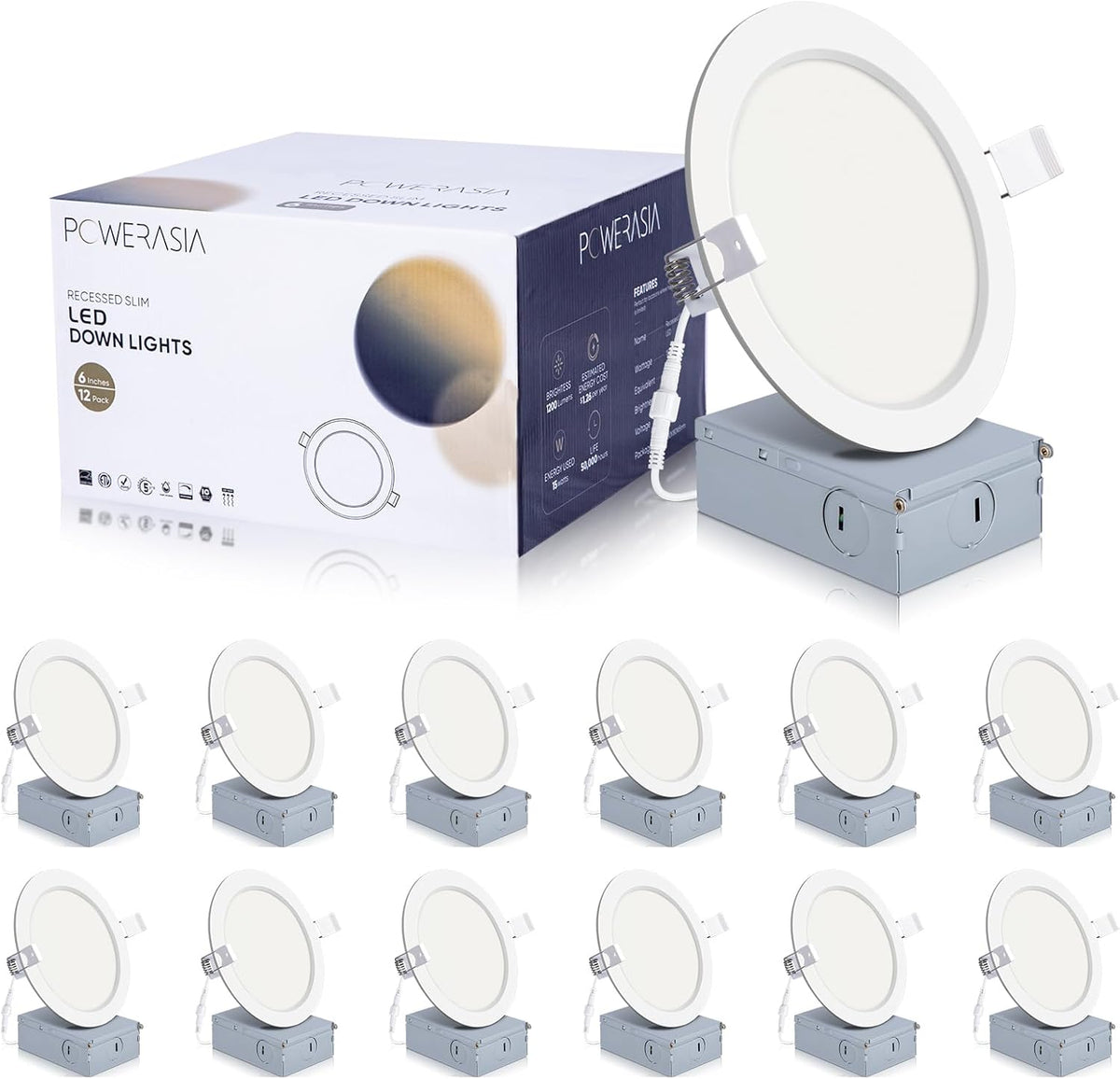 12 Pack 6 Inch Ultra-Thin LED Recessed Ceiling Light with Junction Box, Recessed Lighting 6 Inch