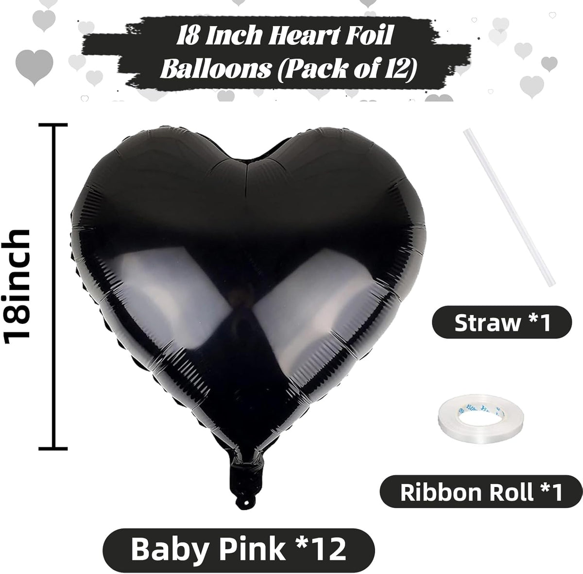Black Heart Balloons, 18 Inch Black Helium Heart Balloons, 12Pcs Large Black Heart Shape Mylar