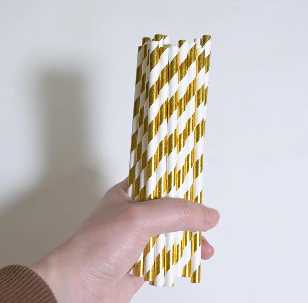 Gold White Stripe Paper Straws - 5.75 Inch Short Paper Drinking Straws, for Birthday, Wedding