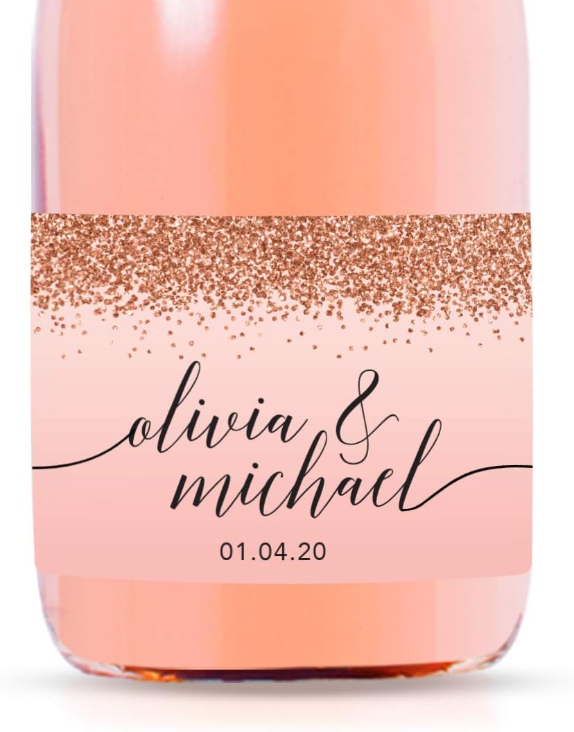 Andaz Press Personalized Mini Champagne Wine Bottle Labels, Blush Pink Faux Rose Gold Glitter