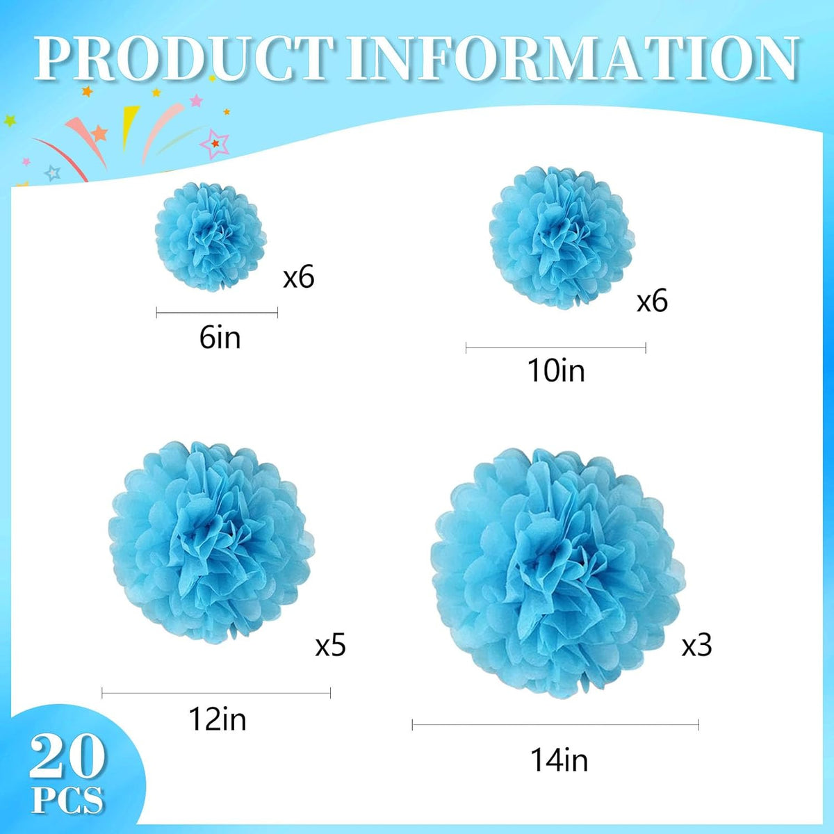 20 PCS Baby Blue Tissue Paper Pom Poms, Tissue Pom Poms Flowers, Sizes of 6", 10", 12", 14" Hanging