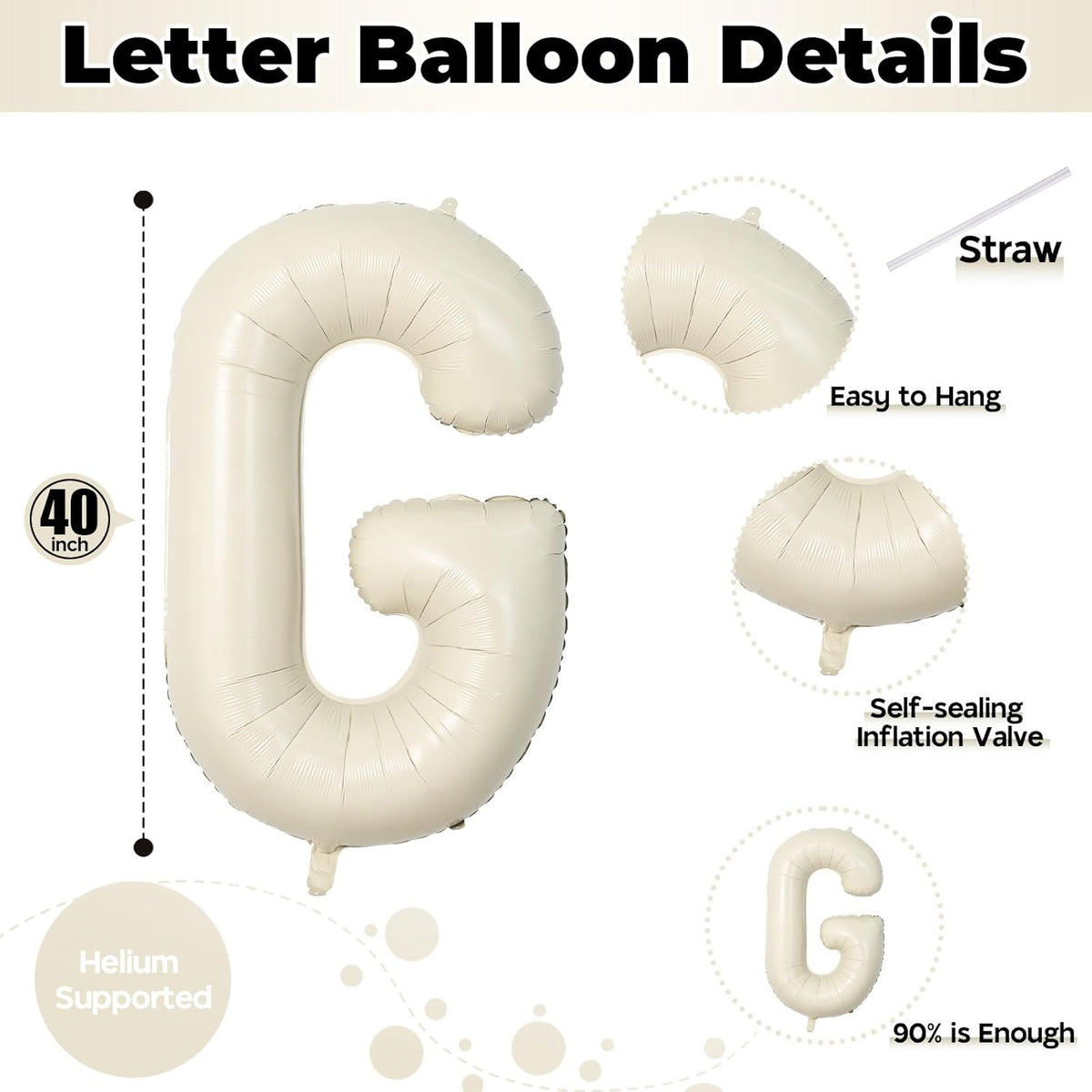 40 Inch Custom Letter Balloons, Giant Alphabet G Foil Name Balloon Cream White, Mylar Self