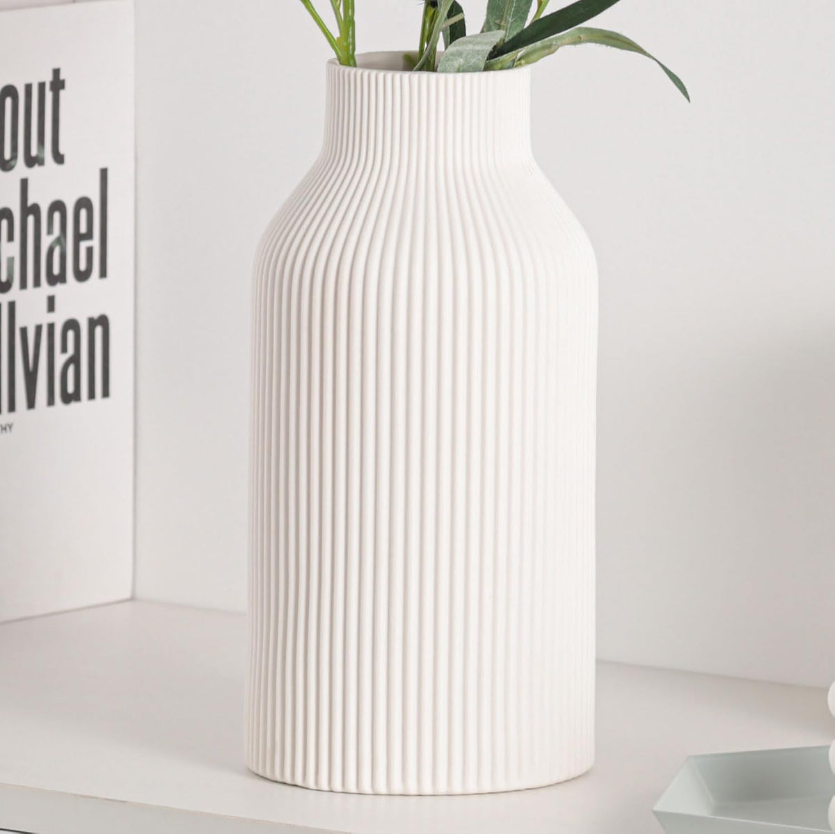 10 Inch White Ceramic Vase for Decor,Minimalist Modern Home Decorative Large Flower Vase for Pampas
