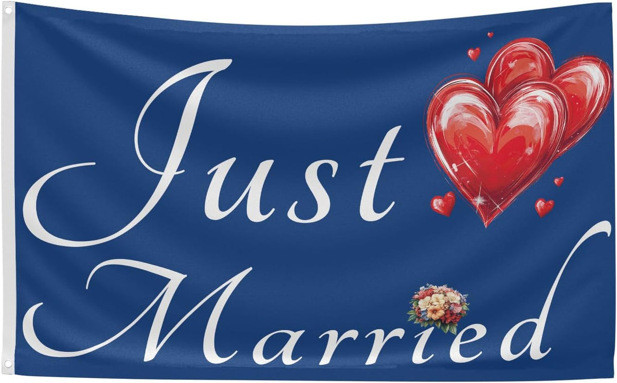 Just Married Flag Banner Outdoor Indoor Decoration Flag 3x5 FT Double Stitched Polyester with Brass